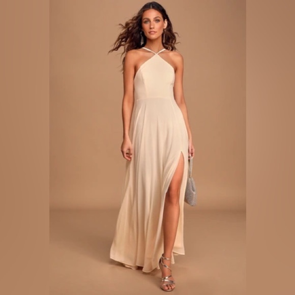 Lulu’s Absolutely Breathtaking Elegant cream Ivory Halter Maxi Dress XS NWOT - Picture 1 of 11